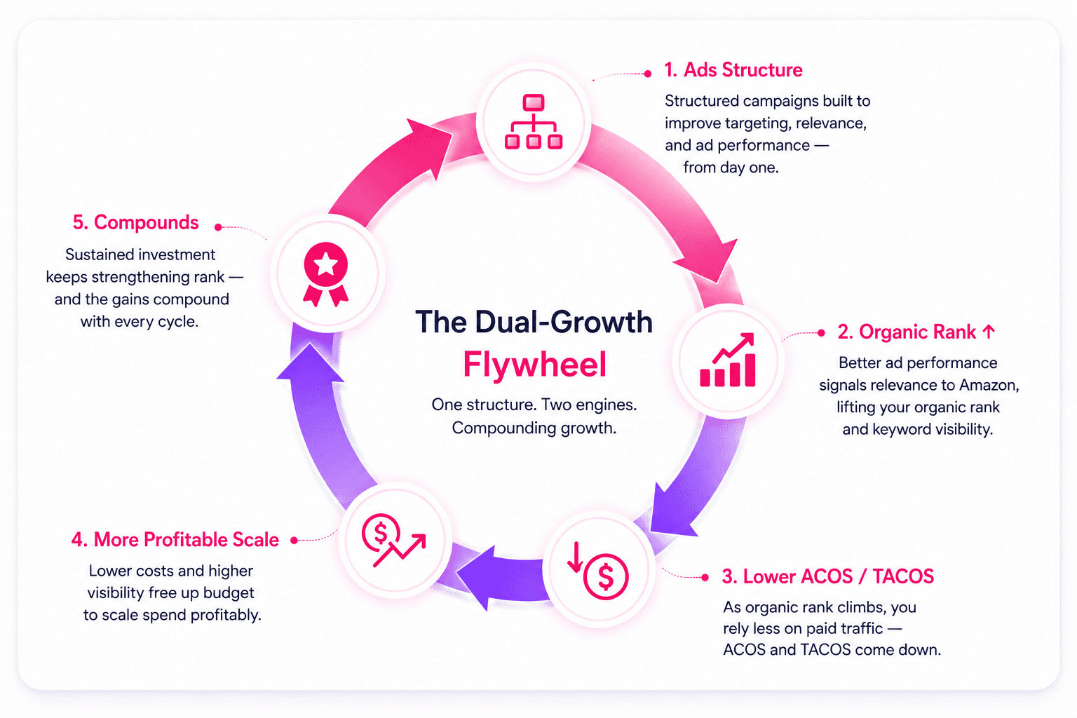 The Dual-Growth Flywheel: ads structure lifts organic rank, which lowers ACOS and TACOS, freeing budget to scale profitably and compound